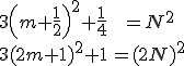 \begin{eqnarray} 3\left(m+\frac{1}{2}\right)^2+\frac{1}{4}&=N^2 \\ 3(2m+1)^2+1&=(2N)^2 \end{eqnarray}